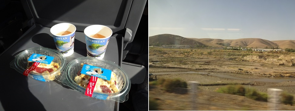 ウズベキスタン鉄道アフラシャブ号で出されたお茶とクッキー