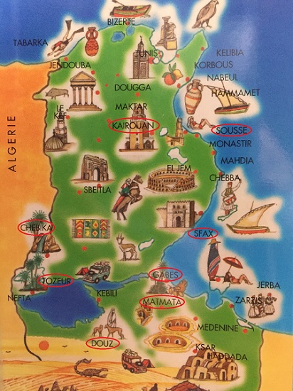 チュニジアの観光地地図